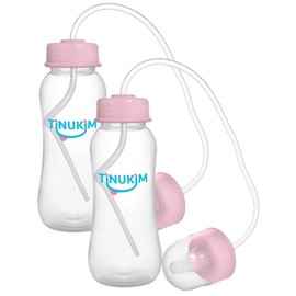 Tinukim iFeed 9 Ounce Self Feeding Baby Bottle with Tube - Handless Anti-Colic Nursing System, Pink - 2-Pack