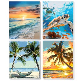 Ninonly Paint by Numbers Kit with Framed Canvas 12x16 Inch, 4 Pack Beach Sea Turtle Paint by Number Art Kits for Adults Beginner with Wooden Easel, Paint Brushes, Acrylic Paint,