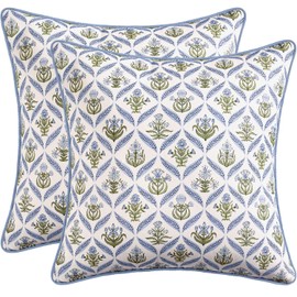 MIULEE Floral Cotton Throw Pillow Covers 18x18 Set of 2, Blue and Green
