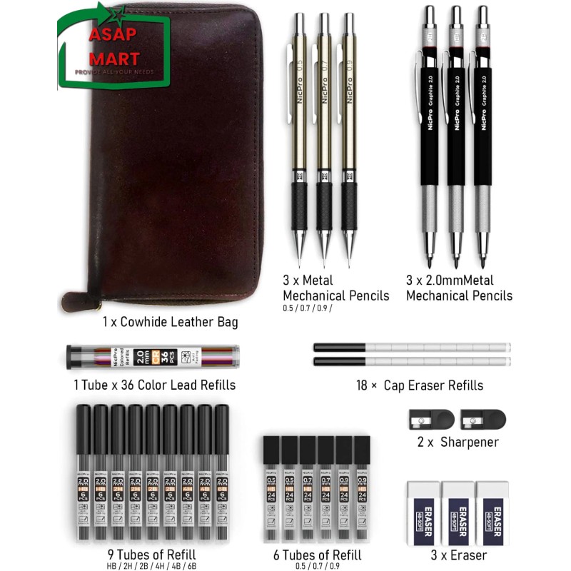 Nicpro 30PCS Art Mechanical Pencil Set in Leather Case, Metal