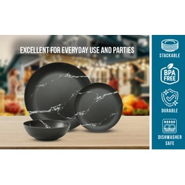 Melamine Dinnerware Sets, Service for 4. Unbreakable Dishes. Scratch Resistant Melamine Ware. Plates and Bowls. Dishwasher Safe Platos De Melamina Black Marble Design. Beautifully Packaged Gift Box