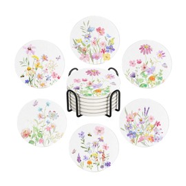 Aowced Drink Absorbent Coasters with Holder Set of 6, Ceramic Stone with Cork Base, Abstract Watercolor Botanical Floral Coaster for Drinks, Gift for Housewarming Room Bar Home Decor Kitchen