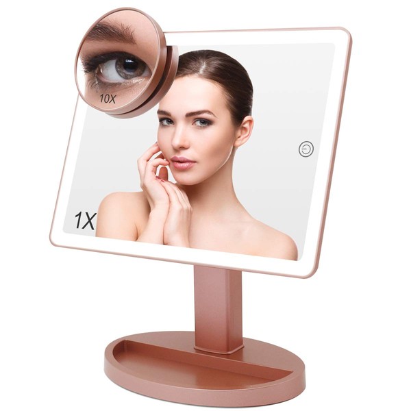 Large Lighted Vanity Makeup Mirror (X-Large Model)- 3 Color Lighting Modes Light Up Mirror with 88 LED, 360° Rotation Touch Screen and 10X Magnification Tabletop Cosmetic Make Up Mirror(Rose Gold)
