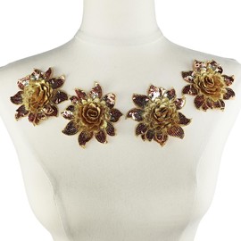 Carytalee 5 PC Rose Flower Sequins Lace Embroidery Patch Applique Trim DIY Sewing Clothes Applique, Gold, 3Inch