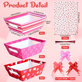 Ragnhild 12 Sets Valentines Day Gift Basket Empty with Heart Printed Cellophane Basket Bags, Cardboard Valentine Gift Basket Empty to Fill with Bows Ribbons for Valentines Day Wedding Anniversary Party