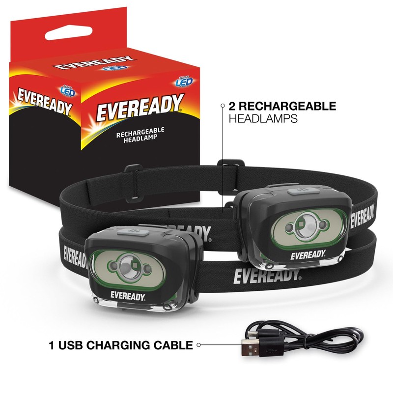 Rechargeable LED Headlamps by Eveready (2-Pack), IPX4 Water Resistant Head