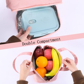 Autrucker Insulated Double Compartment Lunch Bags for Women, Insulated Tote Bag for Man, Light Weight and Portable Lunch Box for School Picnic Camping Travel (Pink)