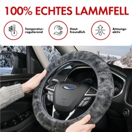 WALSER Lambskin Car Steering Wheel Cover, 100% Lambskin Steering Wheel Protection, Car Steering Wheel Cover, Car Winter Accessories, Steering Wheel Cover, Winter Steering Wheel Warmer, Grey