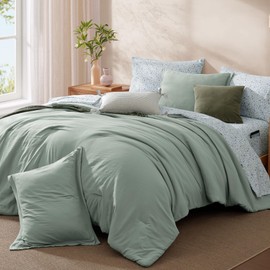 Monbix King Size Comforter Set - 7 Pieces Sage Green Prewashed Bed in a Bag King Bedding Sets with Comforters, All Seasons Down Alternative Comforter Bed Set with Sheets,Pillowcases & Shams