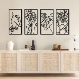 Bakovity Black Metal Wall Decor, Abstract Woman Wall Art, Minimalist Line Wall Decor, Modern Aesthetic Metal Wall Art for Bedroom Bathroom Living Room (4 Pcs, 17 x 9 in)