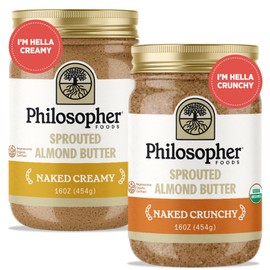 Philosopher Foods - Naked Creamy + Crunchy Organic Sprouted Almond Butter - 16 oz (Pack of 2) - Stone Ground Regenerative Organic Creamy Almond Nut Butter No Sugar Added