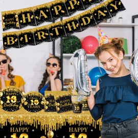 16th Birthday Tableware Decorations, 142Pcs Black Gold Cheers to 16 Years Tableware, 16th Birthday Party Plates and Napkins, Cups Banner Tablecloth for Boys Girls Sixteenth Birthday Party Supplies