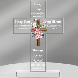 RIKONDA Laser-Engraved Christian Cross Decor - 16x16cm Acrylic Standing Cross with alloy base,Bible Verse Display with Sunflower Motif, Inspirational Home & Office Gift (130g)