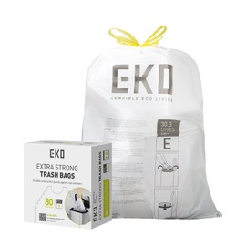 EKO Easy-Dispense Roll 80 Count Extra-Strong Drawstring Tall Kitchen Trash Bag, 8-9.5 Gallon Trash Bag (30.3L-36L) 1 Pack White, Code E