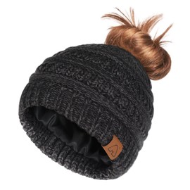 Hat Hut Satin Lined Beanie Hat for Women Silk Lined Winter Hat for Curly Hair Ponytail Beanie Messy Bun Knit Skull Cap (Black Charcoal)