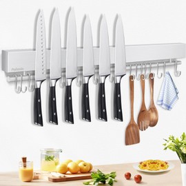 Pailexin 23 inch magnetic knife holder with 15 hooks, No Drilling knife magnetic strip and utensil hanger for wall, Powerful knife magnet rack include tape and screws