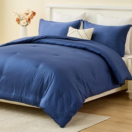 SahSahCasa Queen Comforter Set, Fluffy Comforter Bedding Set, 100% Cotton Comforter, Solid Color Comforter, Lightweight Quilted Comforter for Queen Size Bed, 90" × 90", 3pcs, Down Alternative, Navy