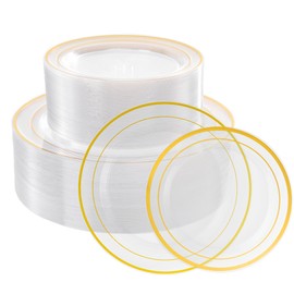Lullaby 200PCS Clear Plastic Plate with Gold Rim, Includes 100pcs Dinner Plates 10” and 100pcs Dessert Plates 7”, Disposable Elegant Plate for Birthdays, Parties Weddings and Daily Use