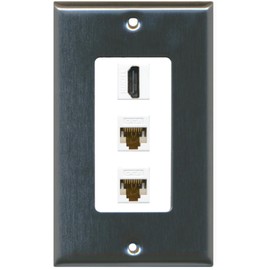 RiteAV - 1 Port HDMI 2 Port Cat6 Ethernet Decorative Wall Plate - Stainless Steel/White