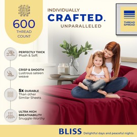 THREAD SPREAD Luxury Egyptian Cotton Sheets King Size - 600 Thread Count Sheets King 4 PC Luxury Sheets King Size, 16" Deep Pocket, Soft, Cooling Sateen Weave Hotel Luxury Bed Sheets Sets - Burgundy