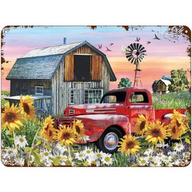 Funny Metal Bar Signs Antique Metal Sign Farmhouse Red Truck Sunflower Tin Sign Vintage Decoration Garage Home Garden Cafes Kitchen Wall Tin Signs 8x12 inch