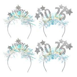 Zaruatu 4 Pcs Happy New Year Headbands for Women 2026 New Year Eve Hairbands Party Supplies Holiday Headwear Decoration Gifts (Silver)