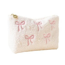 The Darling Effect Gifts for Women Girls Makeup Bag Travel Tote Pink Bow with Pearls Fully Lined Sherpa Cosmetic Bag for Organizing Stuff Jewelry Accessories