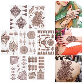 URAQT Brown Red Temporary Tattoo Sticker, 7 Sheets Indian Mandala Flower Tattoo for Women Girls, Waterproof Body Sticker for Neck Chest Arm, Body Art Sticker For Wedding Party Festival