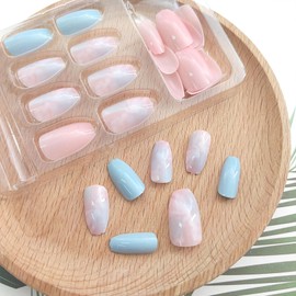 Coffin Press on Nails Short Fake Nails with Marble Designs Pink Blue Acrylic Nails Press ons Glossy Glue on Nails Artificial False Nails Reusable Stick on Nails for Women 24 Pcs