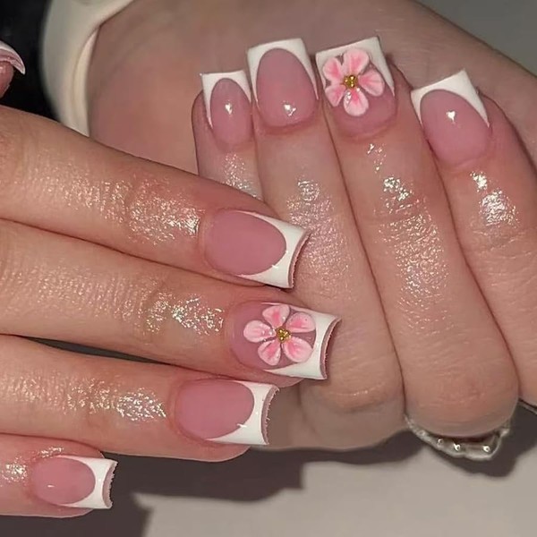 24pcs White French Tip 3D Embossed Floral Press on Nails,