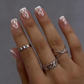 SXVME Uñas postizas cortas cuadradas con punta francesa blanca cromada, uñas postizas lindas con acabado brillante y diseño de espejo, uñas postizas b