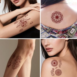 CharmeFleur 10 Sheets Brown Henna Tattoo Set, Waterproof Henna Tattoo Stickers for Women Wedding Party (Brown), Henna Tattoo Set