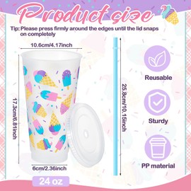 24 Pcs Ice Cream Party Favors 24oz Ice Cream Cups with Lid and Straw Reusable Summer Tumbler for Dessert Theme Birthday Party Favors Sweet Shop Decorations