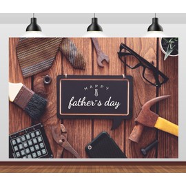 Loccor 7x5ft Fabric Happy Father's Day Backdrop Work Tools and Tie on Wooden Background with Black Chalkboard and Happy Father's Day Text Wall Decor Photoshoot Studio Props