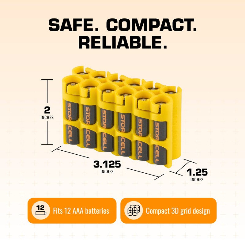 AAA Battery Storage Caddy by Storacell, Yellow, Holds 12 Batteries