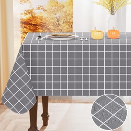 Spotjoy Rectangle Table Cloth, Waterproof Vinyl Table Cover with Flannel Backing, Wipeable Plastic Plaid Tablecloths for Dining, Picnic, Indoor and Outdoor (60" x 120", Grey)