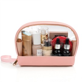 KAWABOM Clear Cosmetic Bag Makeup Bag, Waterproof Travel Toiletry Bag, Clear PVC with Zipper Handle Portable Travel Luggage Pouch Airport Airline Vacation Organization(Pink)