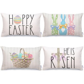GEEORY Happy Easter Throw Pillow Covers 12 x 20 Set of 4 Easter Decorations for Home Bunny He is Risen Cross Eggs Decorative Pillows Spring Decor for Sofa Couch G261-12