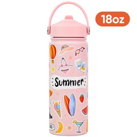 KEWIXY 18oz&32oz Insulated Water Bottle, Flip Straw Lid, Stainless Steel, Leak Proof, 24-hour Cold, Reusable, Portable for Travel, Gym and School Tumbler Mug:_18oz Summer Pink