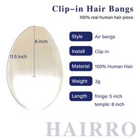 Hairro Blonde Clip in Bangs 100% Real Human Hair Air Bangs Bleached Blonde Fake Bangs Hair Piece Clip on Bangs for Women Clip in Hair Extensions Faux Bangs Hairpieces Daily Wear