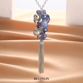 BULINLIN Long Silver Necklaces for Women Long chunky Pendant Necklace Sweater Chain Mothers Day Gifts Boho Costume Jewellery for Women(Blue)