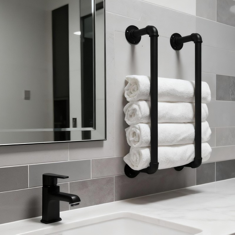 Industrial Pipe Towel Rack for Bathroom Wall Mounted,Towel Holder Black