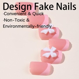 French Tip Press on Toenails Short Square Fake Toe Nails Pink Nail Tips False Toenails with Bow Charms Acrylic Nails Full Cover Glue on Nails for Women Nails Decoration Manicure 24Pcs