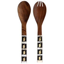 Purpledip Mother of Pearl & Brass Inlay Wooden Cooking & Serving Spoon Set (10032)
