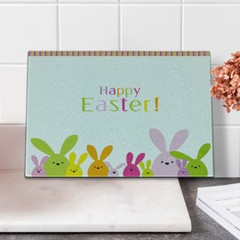 Lunarable Easter Cutting Board, Cartoon Style Funny Bunnies with Colorful Letters Coming of Spring Happy Animals, Decorative Tempered Glass Cutting and Serving Board, Small Size, Multicolor