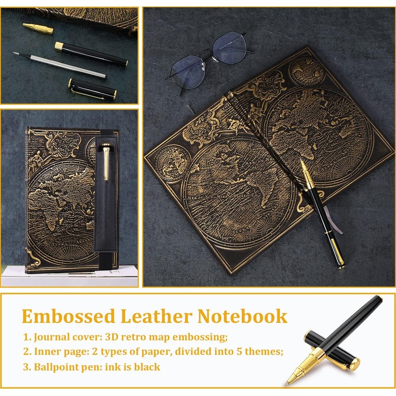 FEIDIAO Vintage Map Embossed Leather Notebook Travel Journal-Daily Notepad-Business Notebook-Drawing