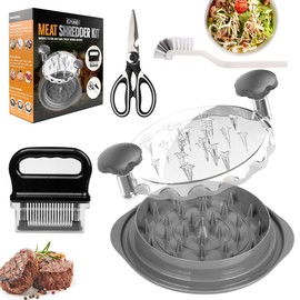 Chicken Shredder Tool Twist Large bundle with 48 Sharp Needle blade Meat Tenderizer, Kitchen Scissors, Brush (4 Items) - Heavy Duty Stainless Steel, Ergonomic, Anti-Slip, Dishwasher Safe & BPA Free