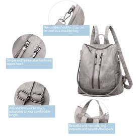 Women Backpack Purse Fashion Waterproof Anti-theft Lightweight PU Leather Nylon Shoulder Bag Travel Backpack Ladies, Double Zipper Grey, Large