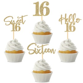 48 piezas de adornos para cupcakes de 16 cumpleaños con purpurina dulce 16 Hello 16 decoración para tartas de dieciséis años de edad, para niños, niñas, decoraciones de pasteles, suministros de champaña dorado