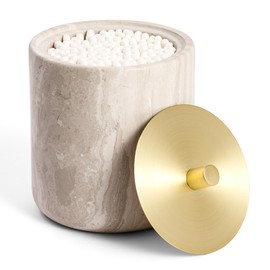 WORHE Marble Qtip Holder with Brass Lid for Cotton Swabs,Balls,Pads,Floss Picks Large Capacity Marble Apothecary Jar for Bathroom Essentials Decor, Vanity Makeup Storage Organizer Grey (WH079)